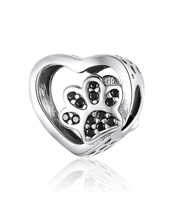 Black Zircon Beaded S925 Sterling Silver Pet Paw Print Beads DIY Bracelet Bead