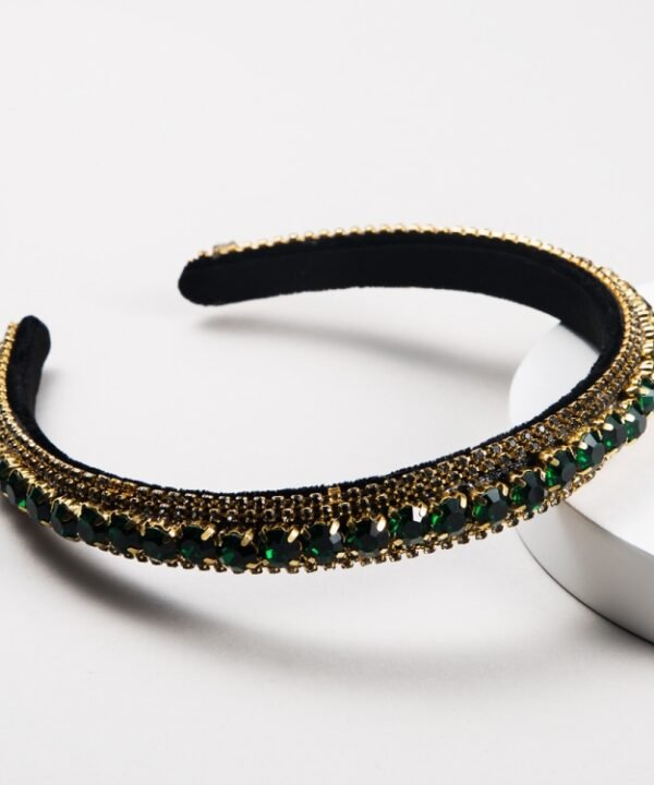 Multi-layer Glass Rhinestones Headband Full Rhinestones Gold Velvet Hairband, Green, Black, Coffee