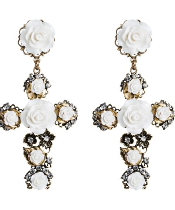 1 Pair Baroque Rose Flower Cross Long Earrings Vintage Earrings, White, Red, Black