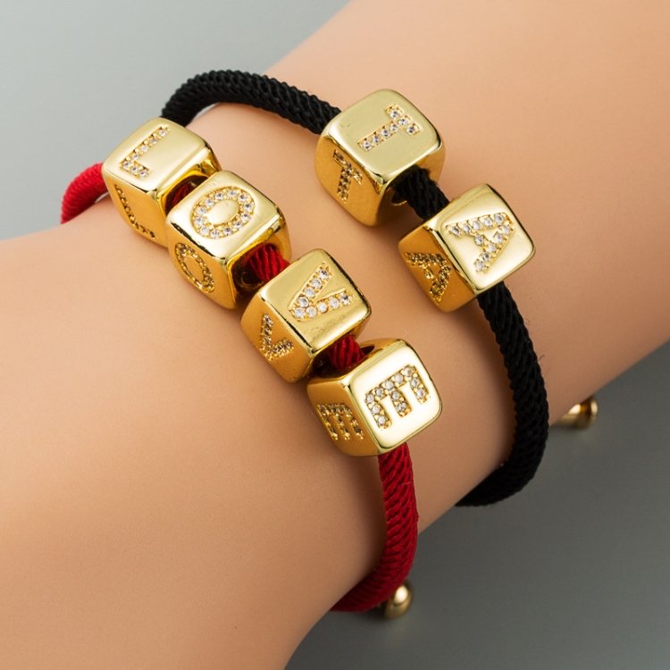 English Letter Beads Bracelet Brass Micro-inlaid Couple Red String Pull DIY Bracelet Jewelry, A, B, C, D, E, F, G, H, I, J, K, L, M, N, O, P, Q, R, S, T, U, V, W, X, Y, Z, Red Rope, Black Rope - Image 4