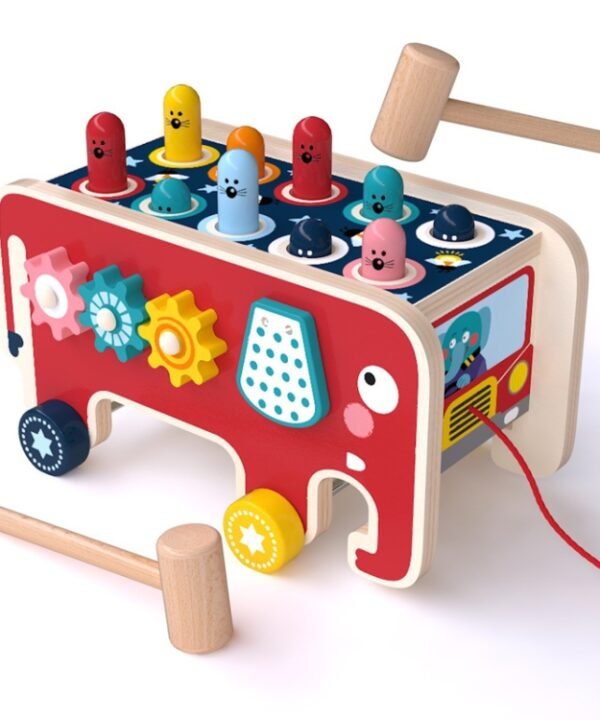 Baby Percussion Wooden Elephant Drag Cart Hitting Hamster Children Educational Toys, Red Elephant, Blue Elephant