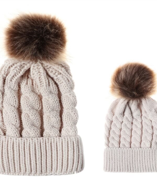 2 in 1 Autumn and Winter Parent-child Hat Set Warm Twist Texture Knit Hat with Wool Ball, Parent-child