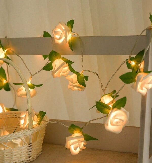 Rose Flower Battery Powered Fairy Lights Wedding Home Birthday Party Garland Decor String Lamp, Warm White, White Light