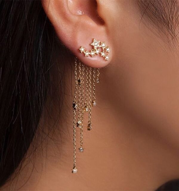 Women Fashion Star Streamlined Tassel Long Crystal Earrings, Gold, Silver