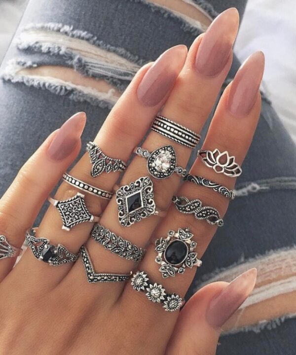 15 PCS Bohemian Retro Crystal Flower Leaves Hollow Lotus Gem Silver Ring Set