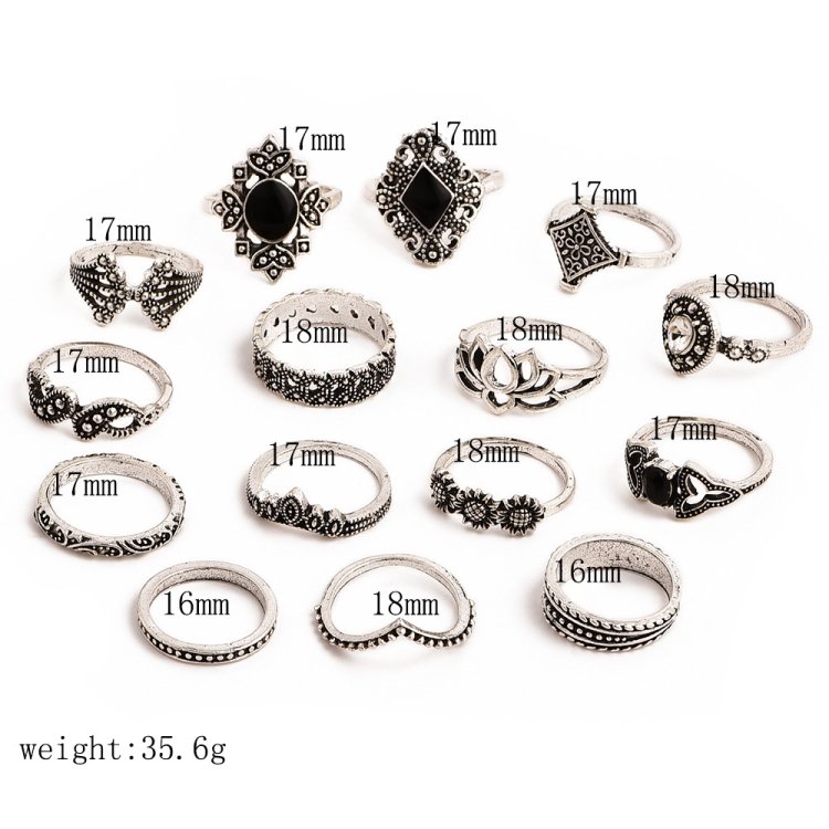 15 PCS Bohemian Retro Crystal Flower Leaves Hollow Lotus Gem Silver Ring Set - Image 2