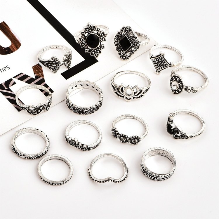 15 PCS Bohemian Retro Crystal Flower Leaves Hollow Lotus Gem Silver Ring Set - Image 3