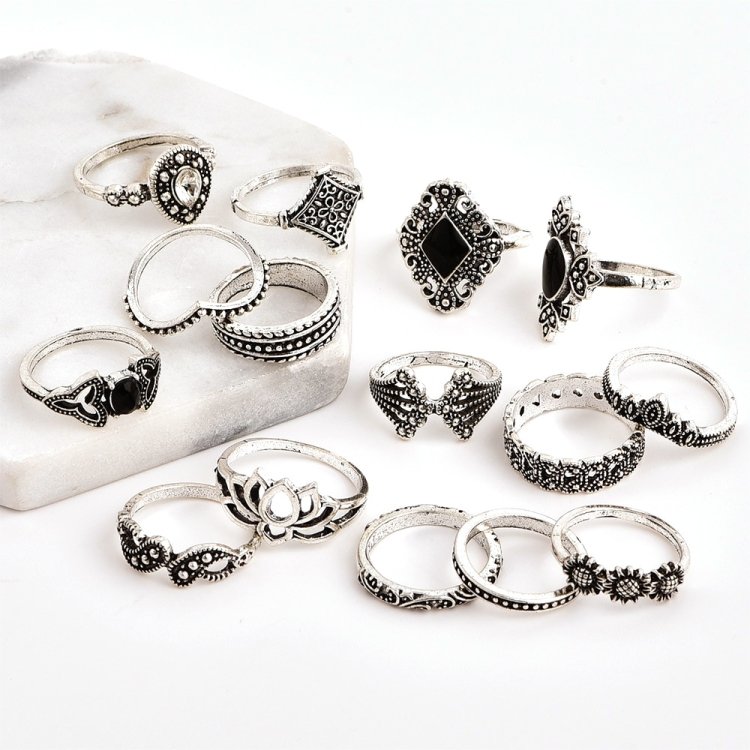 15 PCS Bohemian Retro Crystal Flower Leaves Hollow Lotus Gem Silver Ring Set - Image 4