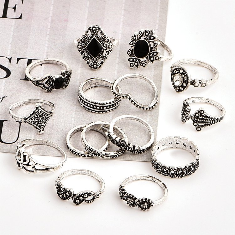 15 PCS Bohemian Retro Crystal Flower Leaves Hollow Lotus Gem Silver Ring Set - Image 5
