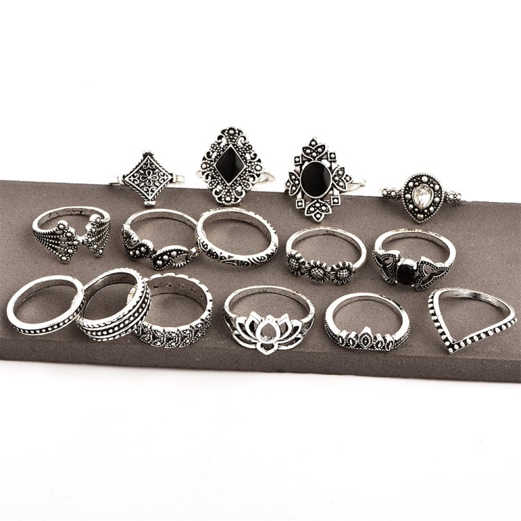 15 PCS Bohemian Retro Crystal Flower Leaves Hollow Lotus Gem Silver Ring Set - Image 6