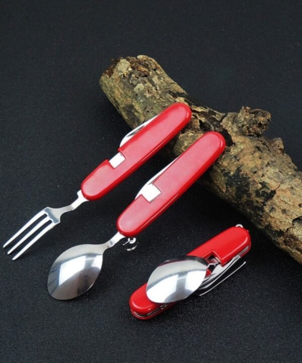 Outdoor Tableware Stainless Steel Spoon / Fork / Knife / Bottle Opener 4 in 1 Multifunctional Folding Cutlery Set