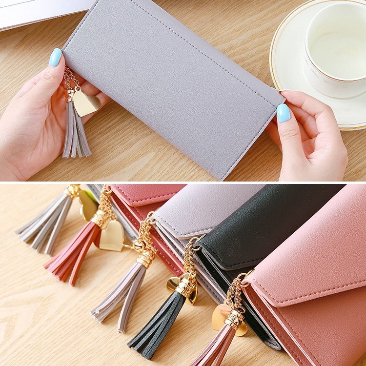 Long Wallet Women Purses Tassel Fashion Coin Purse Card Holder Wallets Female Clutch PU Leather Wallet, Red, Light grey, Black, Pink, Light purple, Dark pink, Atrovirens, Sky blue - Image 5