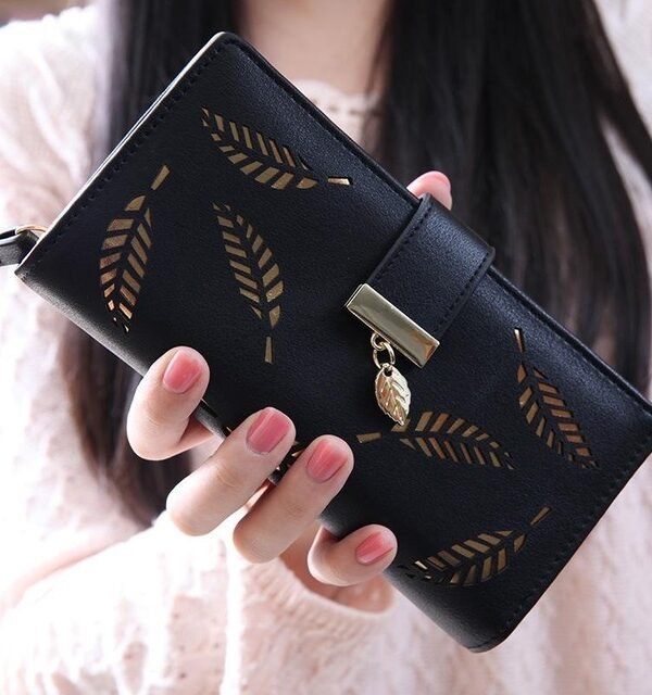 Long Gold Hollow Leaves Coin Purse Card Holders Wallet for Women
