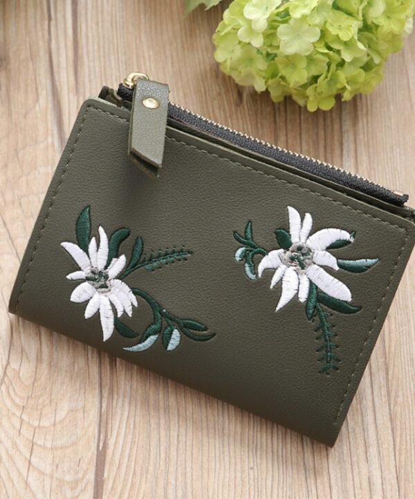 Embroidery Short Wallet PU Leather Wallets Female Floral Hasp Coin Purse Zipper Bag Card Holders