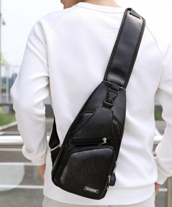 Waterproof Leisure PU Leather Single Shoulder Bag Men Chest Bag with USB Charging Port and Headphone Hole