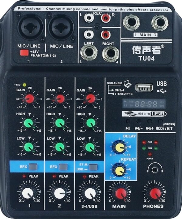 TU04 BT Sound Mixing Console Record 48V Phantom Power Monitor AUX Paths Plus Effects 4 Channels Audio Mixer with USB