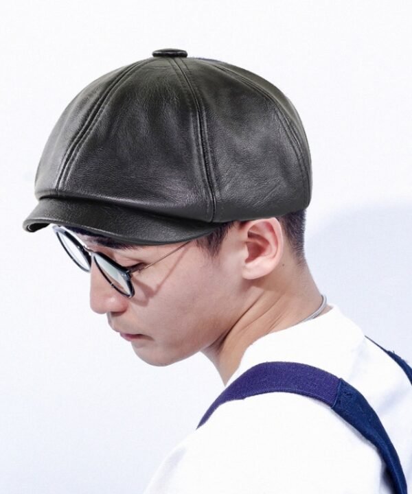 15382 PU Leather Octagonal Hat Winter Outdoor Warm Cap Retro Beret, One Size