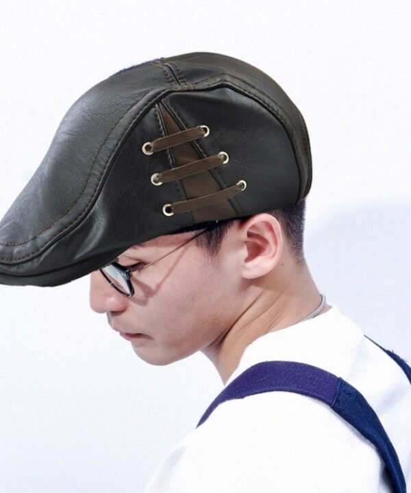 12968 Perforated Strap Design Outdoor All-Match PU Leather Peaked Cap Berets, One Size