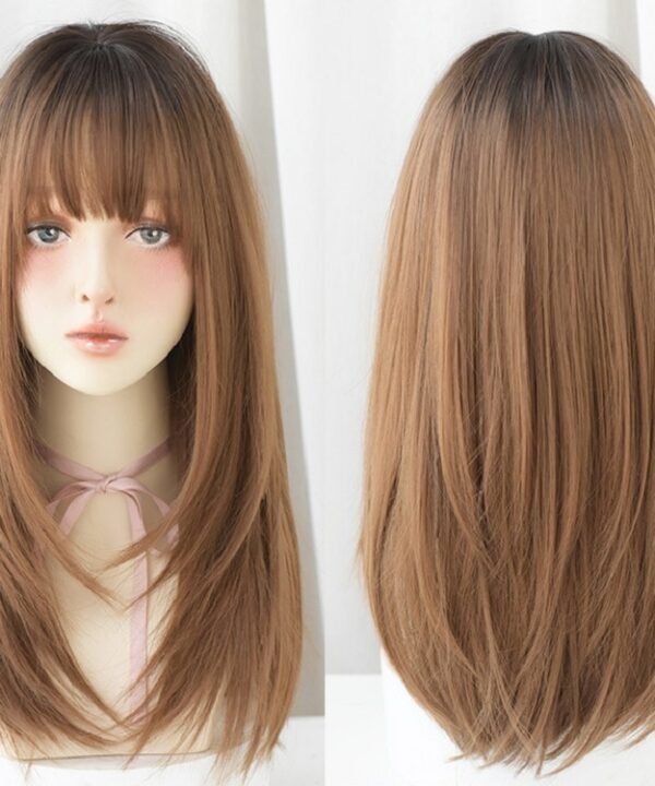 Ladies Long Straight Hair Air Bangs Wig Hair Set, Honey Tea, Cool Brown, Black Brown