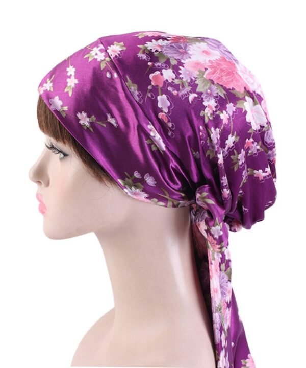 TJM-226 Ladies Satin Print Ribbon Bow Turban Hat Night Cap Silk Chemotherapy Hat Long Tail Braid Hat, Purple, Black, Pink, Royal Blue, Leopard, Big Black Flower, Rose Red Flower, Big Beige Flower, White Black Spots, Red Wine, Khaki, Light Purple...