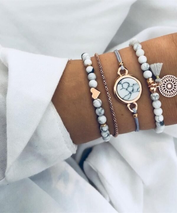 4 PCS/ Set  Bohemian Charm Bead Bracelet Women Heart Marble Stone Tassel Bangles