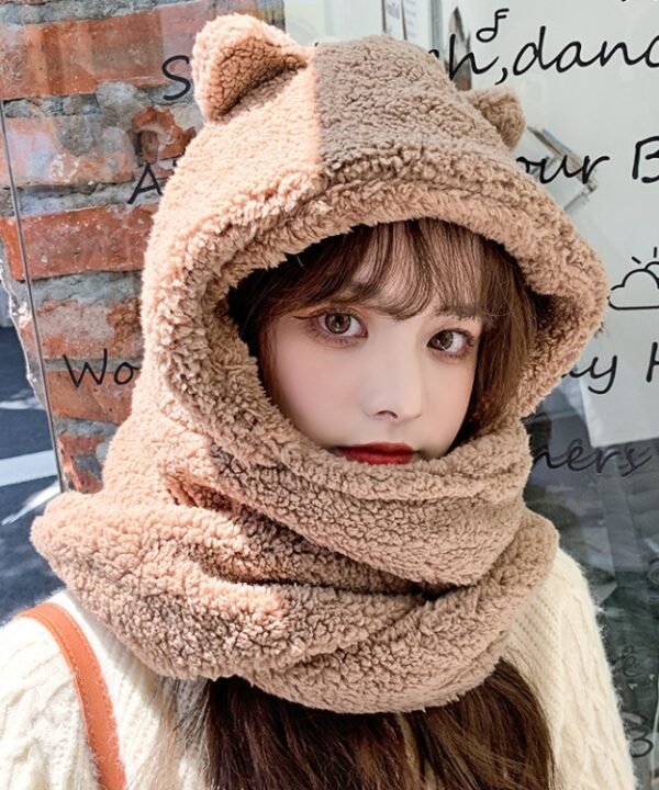 Ladies Autumn and Winter One-piece Plush Warm Bear Hat Scarf, One Size