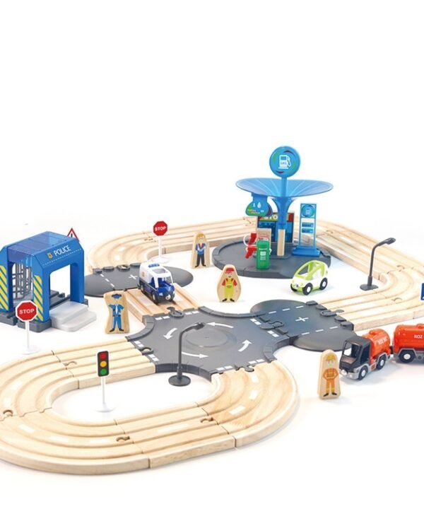 Multifunctional Wooden Police Station Road Track Set Baby Assembling Building Blocks Educational Early Education Toys
