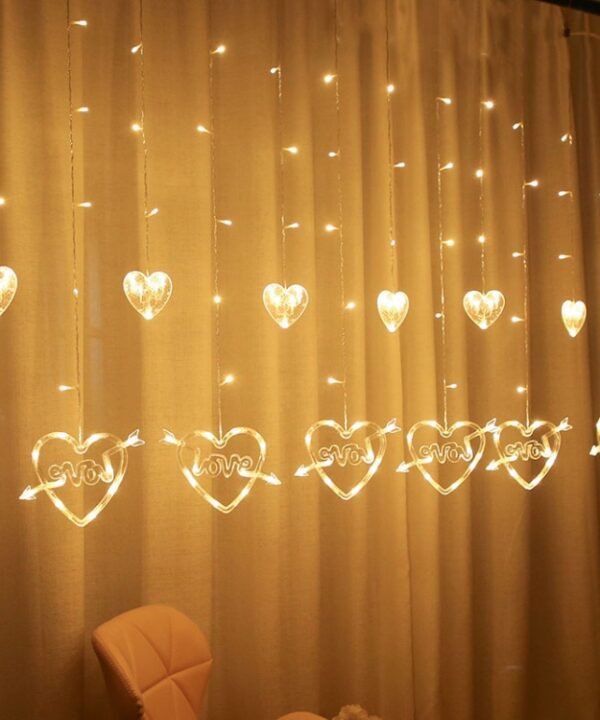 LED Heart-Shaped Decorative Lights Curtain Lights Holiday Dress String Lights, EU Plug, Warm White Light, Colorful Light