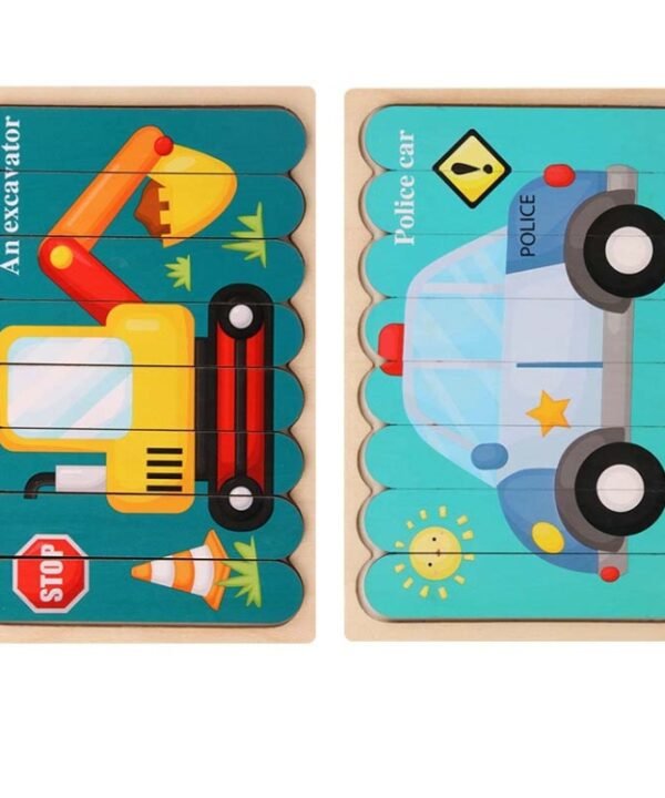 QBT01 Children Double-Sided Wooden Puzzle Bar Puzzle Toy, Excavator + Police Car, Airplane + Rocket, Mud Tanker + Truck, School Bus + Ship, Pig (Yellow) + Pig (Green), Big Gray Wolf + Pig (Pink), Little Red Riding Hood + Big Big Wolf, Crow + Bee...