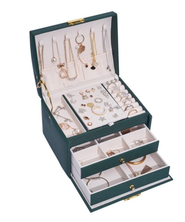 Three-Layer Leather Drawer Type Jewelry Storage Box Earrings Box With Lock, Three-Layer (Dark Green), Three-Layer (Nude Pink), Three-Layer (Navy Blue), Three-Layer (Creamy White)