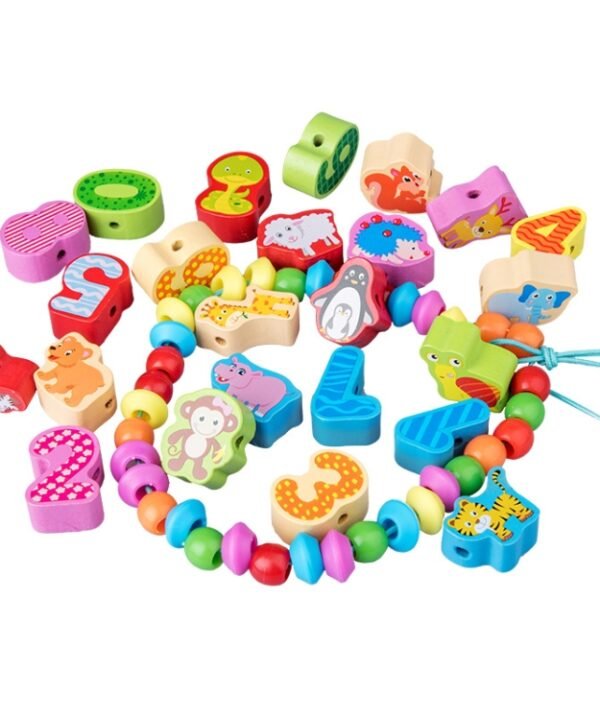 Children Stringing Threading Toys Early Education Cognitive Wooden Beads, 60 PCS / Set Number+Animal, 100 PCS / Set Letter+Traffic