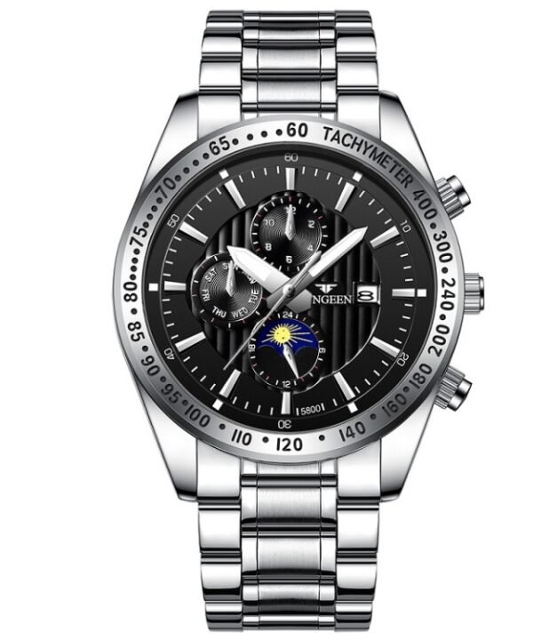 FNGEEN 5800 Men Three Eyes and Six Pins Watch Student Quartz Watch, Black Steel Black Surface, Black Steel White Surface, White Steel Black Surface, White Steel White Surface, Black Leather Black Steel Black Surface...