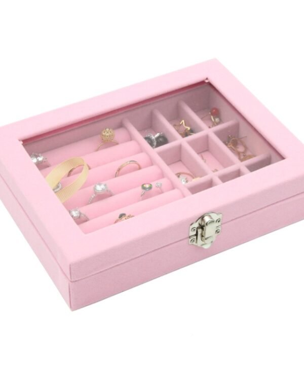 Home Glass Lid Flannel Storage Jewelry Box With Lid, 9 Grids Pink, 9 Grids Ice Grey, 3 Grids Ice Grey