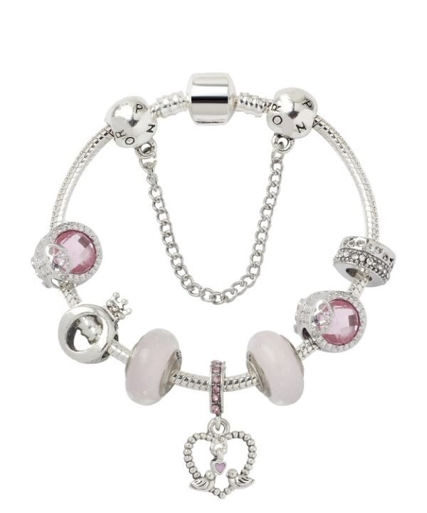 SL85 Colored Glaze Large Hole Bead Bracelet Alloy Pink Series Love Bird Pendant Bracelet,Size:, 17cm, 18cm, 19cm, 20cm