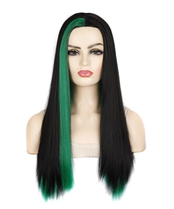 Fashion Medium Haircut Side Bangs Highlight Color Long Straight Wig, Black Ink Green, Black Royal Blue, Black Light Purple, Black Volet, Black Rose Red, Black Pink