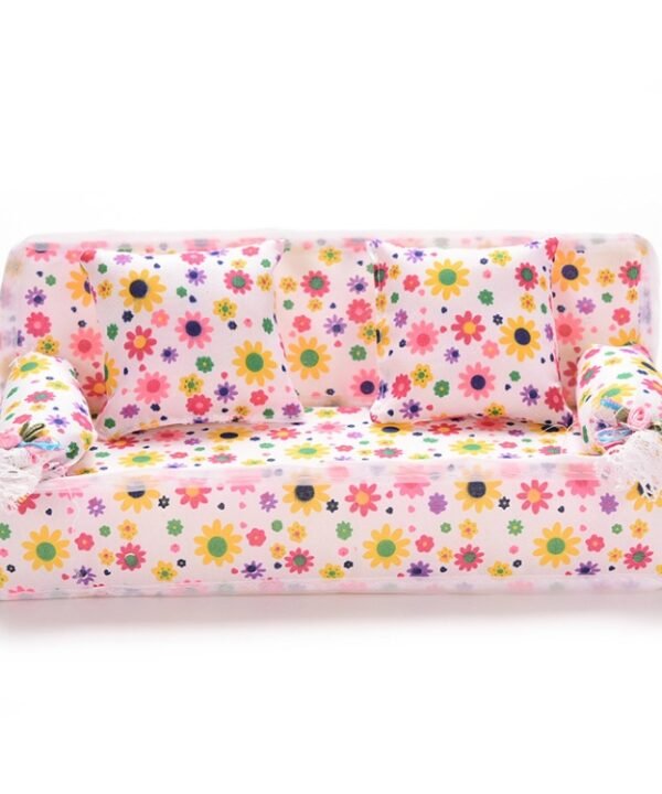 Mini Furniture Flower Sofa 20cm Couch +2 Cushions for Doll House Accessories, Doll House Accessories(Cloth sofa)
