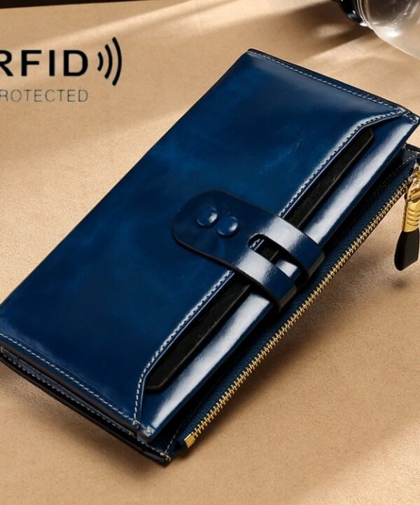 Leather Lady Wallet Multi-Card Slot Retro Oil Wax Leather Wallet Long Type RFID Anti-Theft Brush Clutch, Brown, Royal Blue, Rose Red, Purple, Black, Wine Red