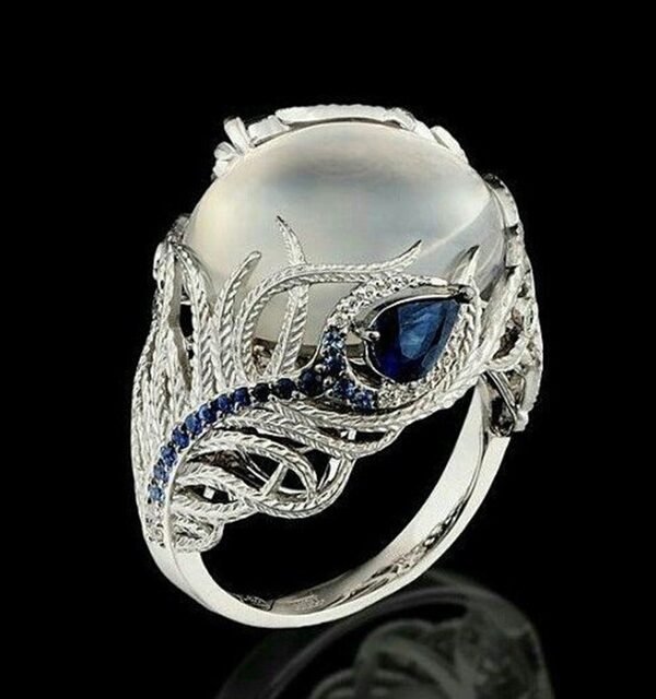 Vintage Silver Hollow Natural Opal Rings Feather Pattern Rings for Women Jewelry, 10, 6, 7, 8, 9