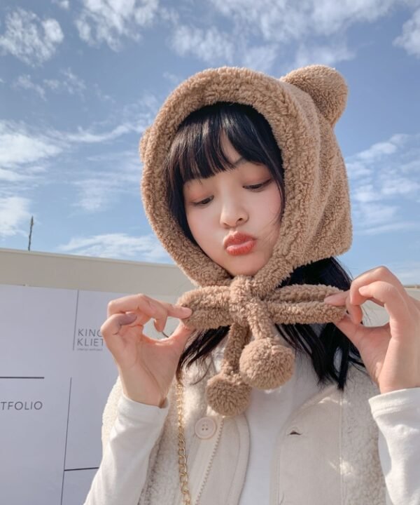 Cartoon Bear Ear Tether Hat Winter Warm Plush Bomber Hat for Women, Free Size