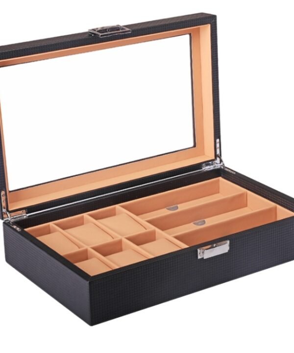 6+3 PU Watch Glasses Case Carbon Fiber PU Skin Watch Box Sunglasses Box, 6 + 3 Brown, 6 + 3 Black