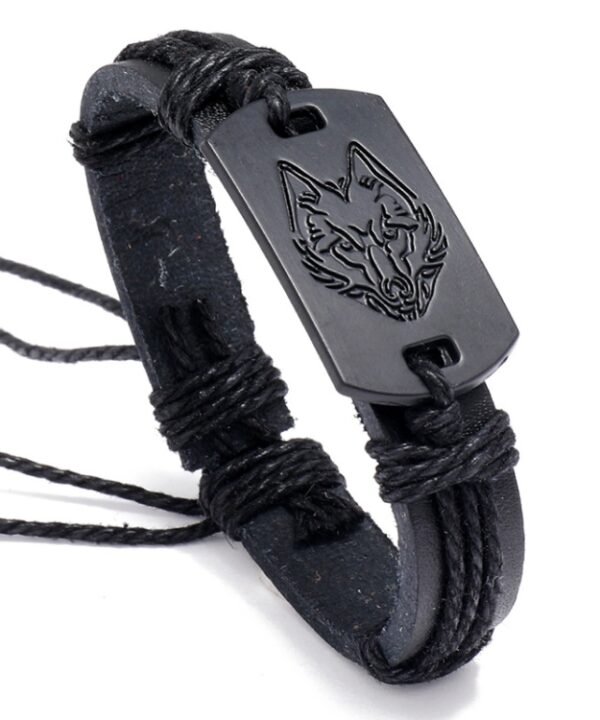 B01916 Men Leather Wolf Head Woven Bracelet, B01916