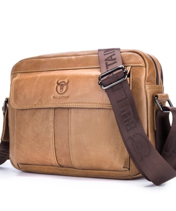 BULL CAPTAIN  Double Layer Leather One Shoulder Messenger Bag For Men, Yellow Brown, Beige, Iron Blue