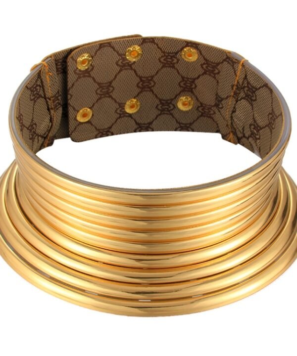 Vintage Statement Choker Necklace Women Leather Collar, Outer Gold Inner Browm, Golden, Silver, Fantasy Color