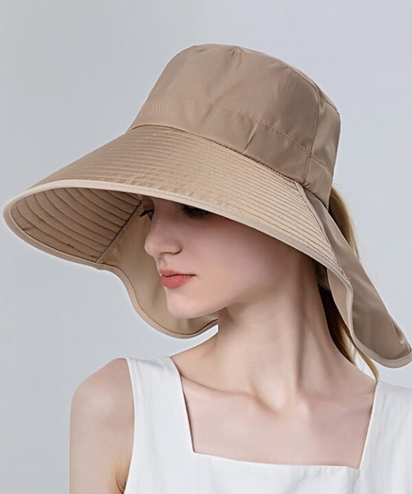 8112 Ladies Sunshade Large Brim Ponytail Bucket Hat, 8112 Khaki, 8112 Beige, 8112 Black, 8112 Pink, 8112 Grey