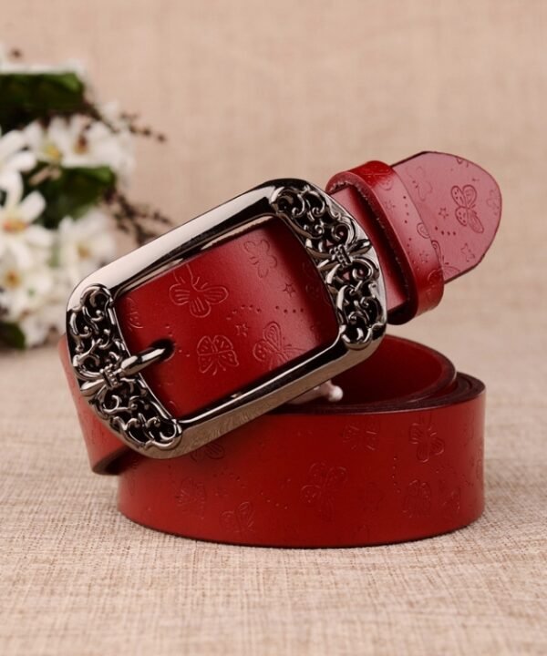 ZK--067 Retro Engraved Buckle Butterfly Print Pin Buckle Leather Belt, Length:, 105cm, 110cm, 115cm