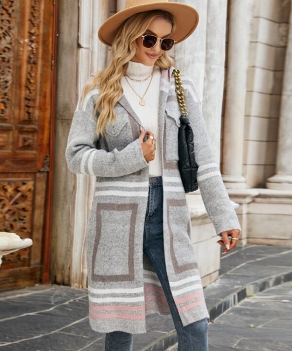 Female Windbreaker Jacket Striped Hooded Plaid Knit Cardigan, S, M, L, XL
