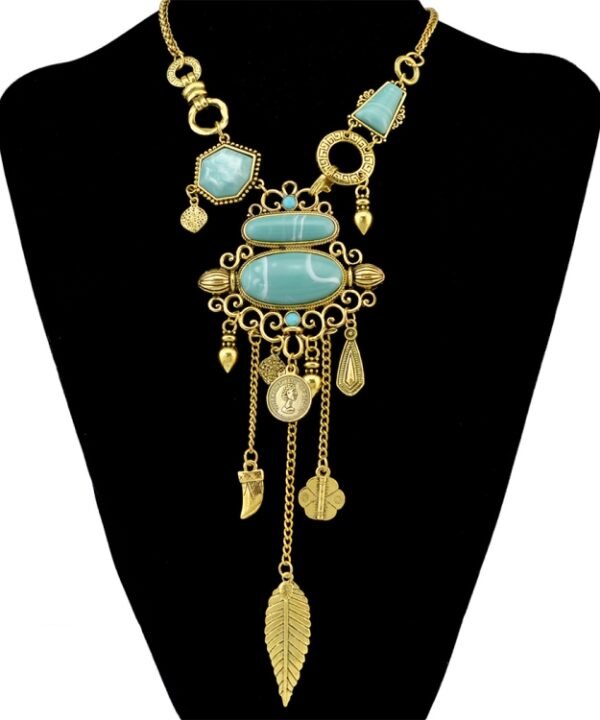 Exaggerated Openwork Pattern With Turquoise Alloy Stones Necklace, Necklace(Gold), Necklace(Silver)