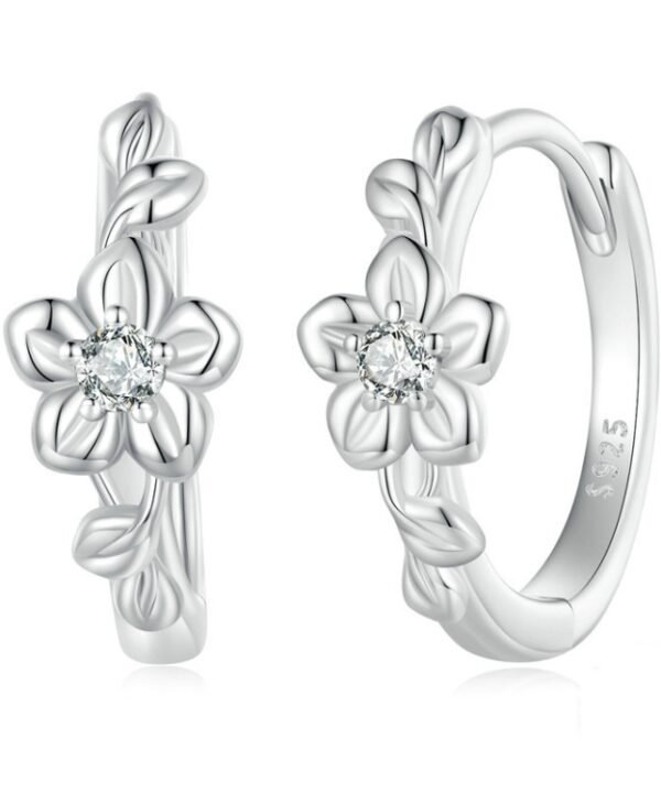 Sterling Silver S925 Small Flower Vine Plated Platinum Zircon Earrings, BSE767