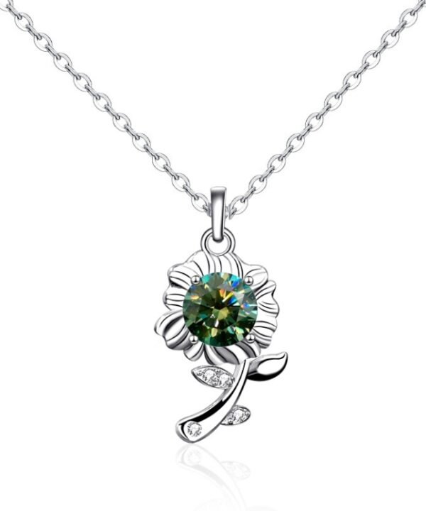 XMA033 925 Silver Necklace Moissanite Sunflower Flower Pendant Jewelry, Green, White, Champagne Yellow