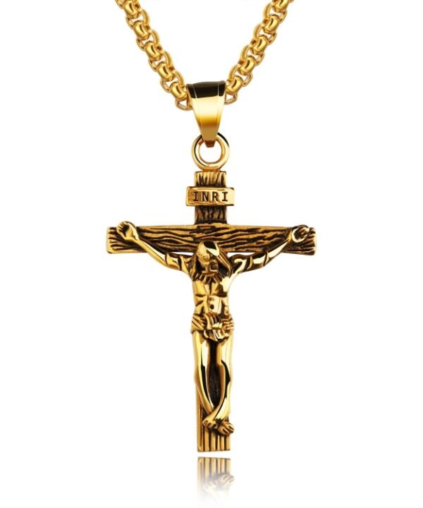 OPK 810 Retro Cross Frame Titanium Steel Men Pendant Necklace, [Gold Black Pendant, Steel Color+3x55cm Pearl Chain, Gold+3x55cm Pearl Chain, Gold Black+3x55cm Pearl Chain, Steel Color Pendant, Gold Pendant